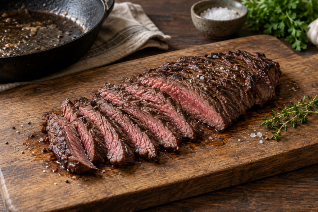 In dunne plakken gesneden medium-rare bavette na het bakken in de pan
