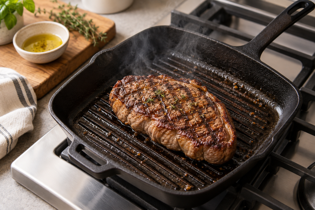 Biefstuk met grillstrepen bakt in een zwarte gietijzeren grillpan
