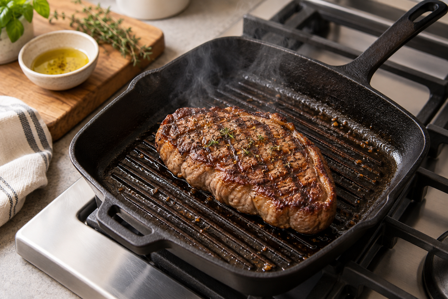 Biefstuk met grillstrepen bakt in een zwarte gietijzeren grillpan