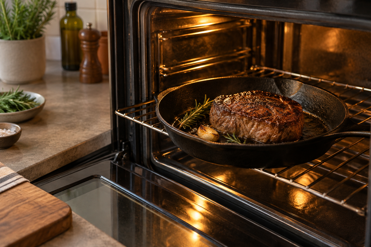 Dikke aangebraden biefstuk in een gietijzeren pan in de oven