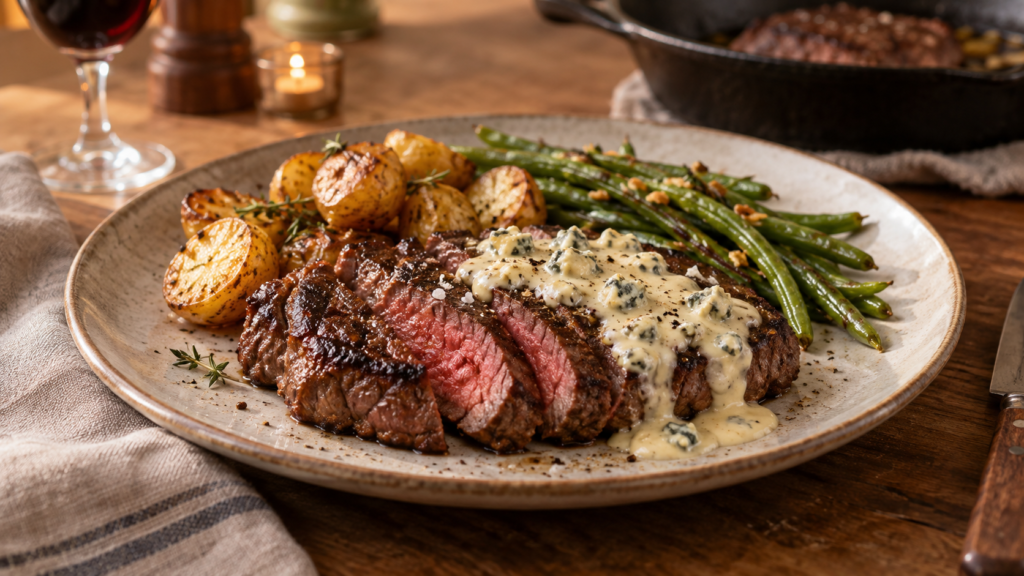 Gesneden medium-rare biefstuk met romige blauwekaassaus