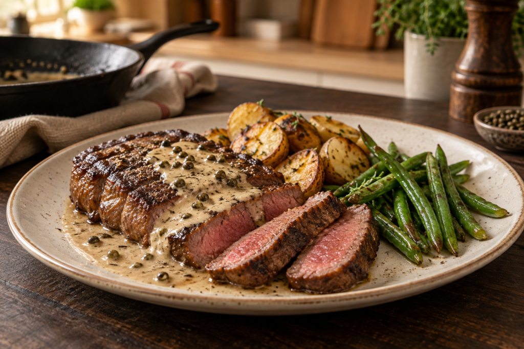 Medium-rare biefstuk met romige groene-pepersaus, aardappeltjes en sperziebonen