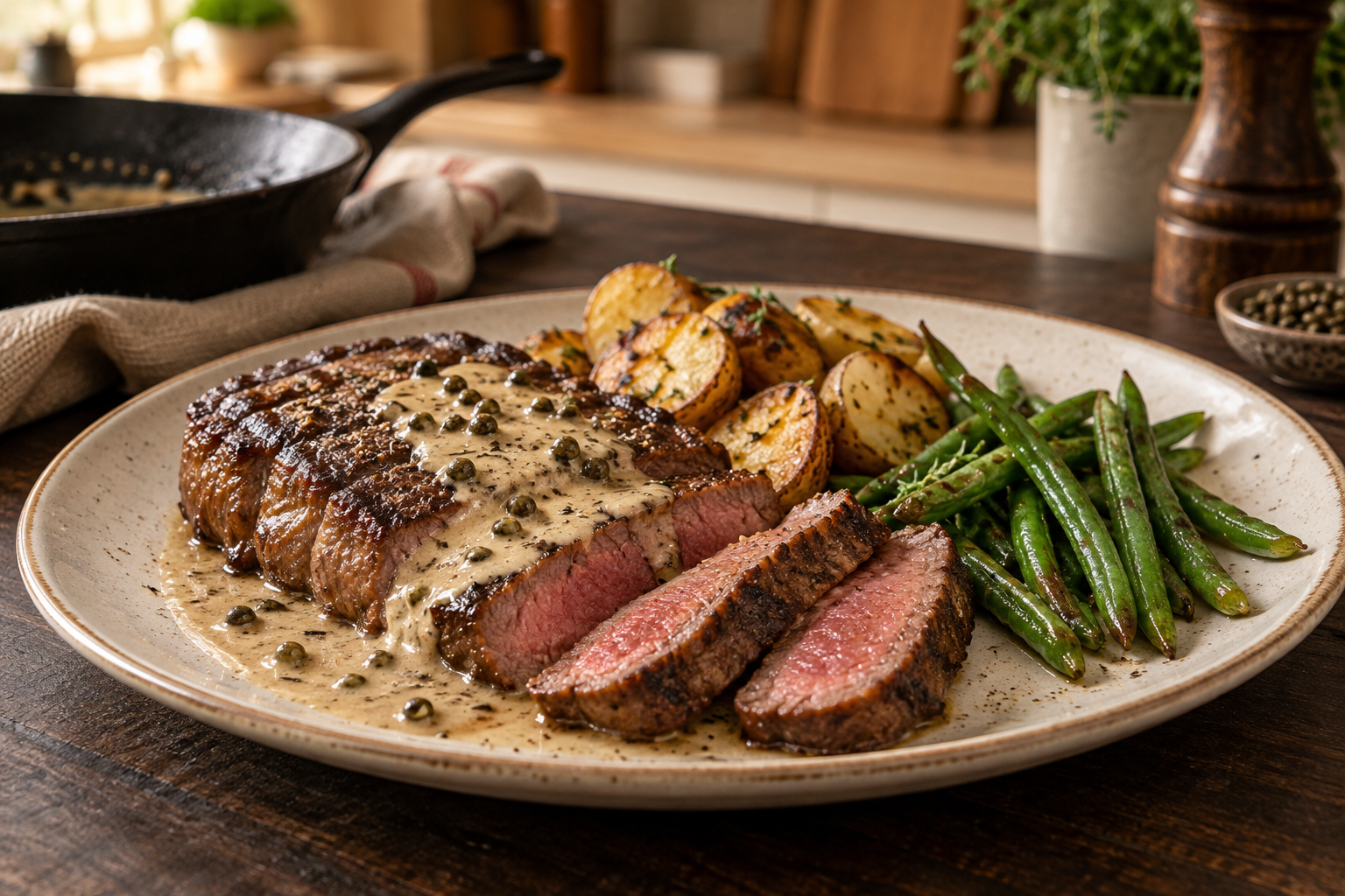 Medium-rare biefstuk met romige groene-pepersaus, aardappeltjes en sperziebonen