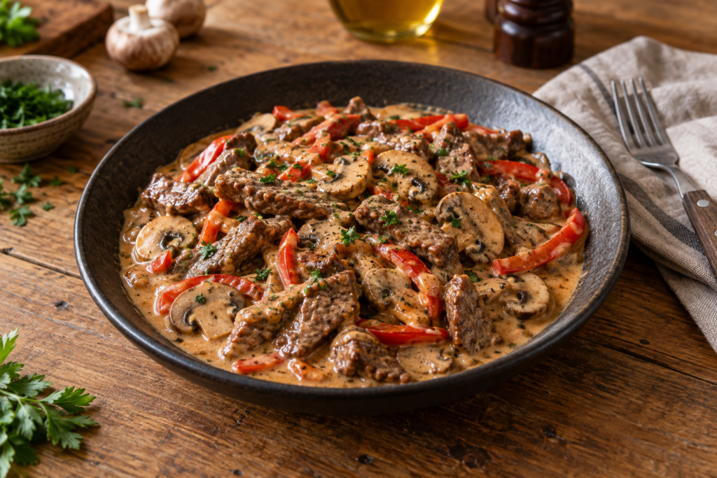 Romige biefstuk stroganoff met champignons en rode paprika in een donkere schaal