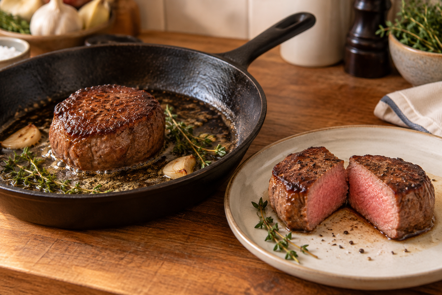 Tournedos met bruine korst in een pan en rosé doorgesneden op een bord
