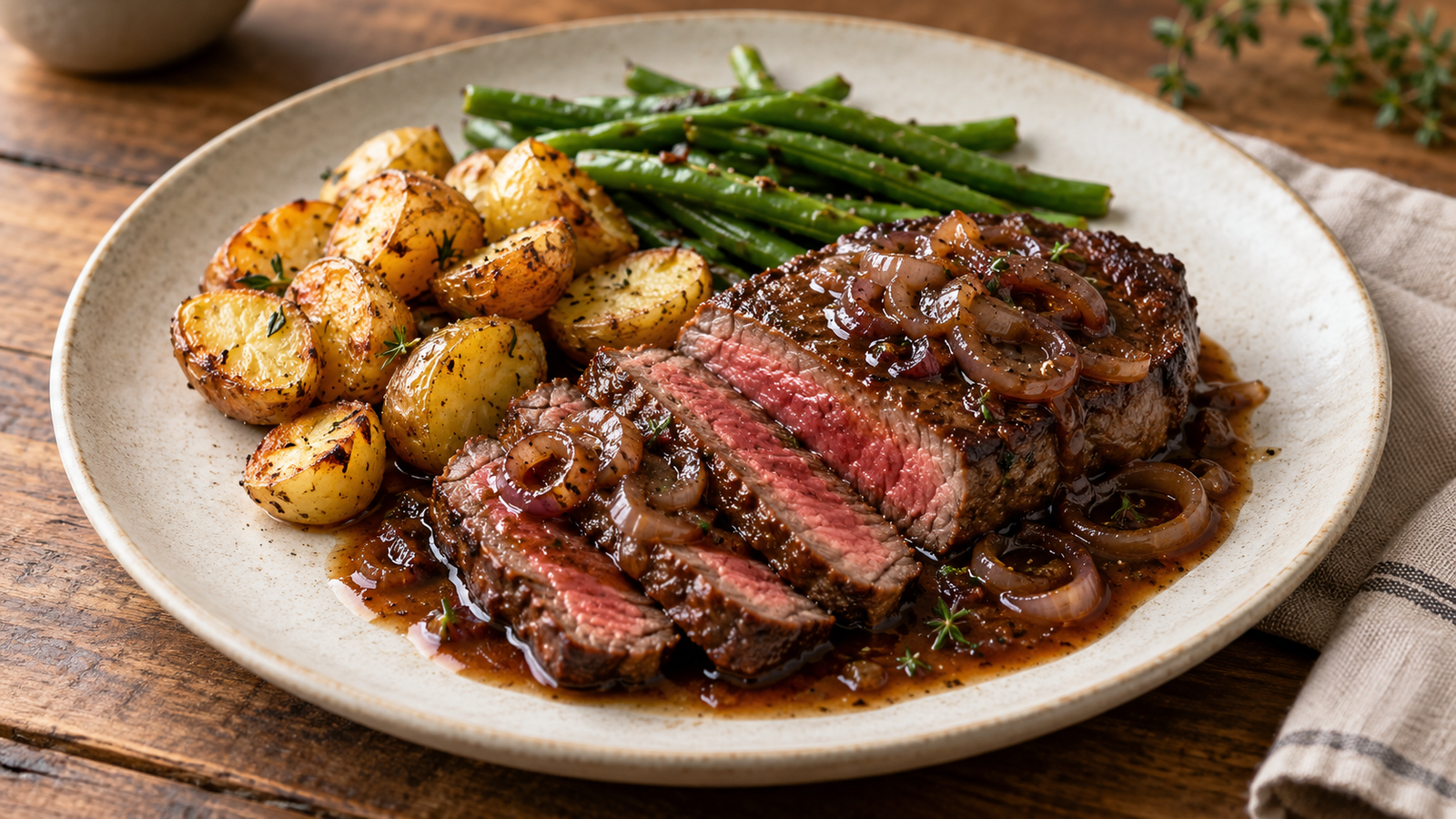 Gesneden medium-rare biefstuk met sjalottenjus, krieltjes en sperziebonen