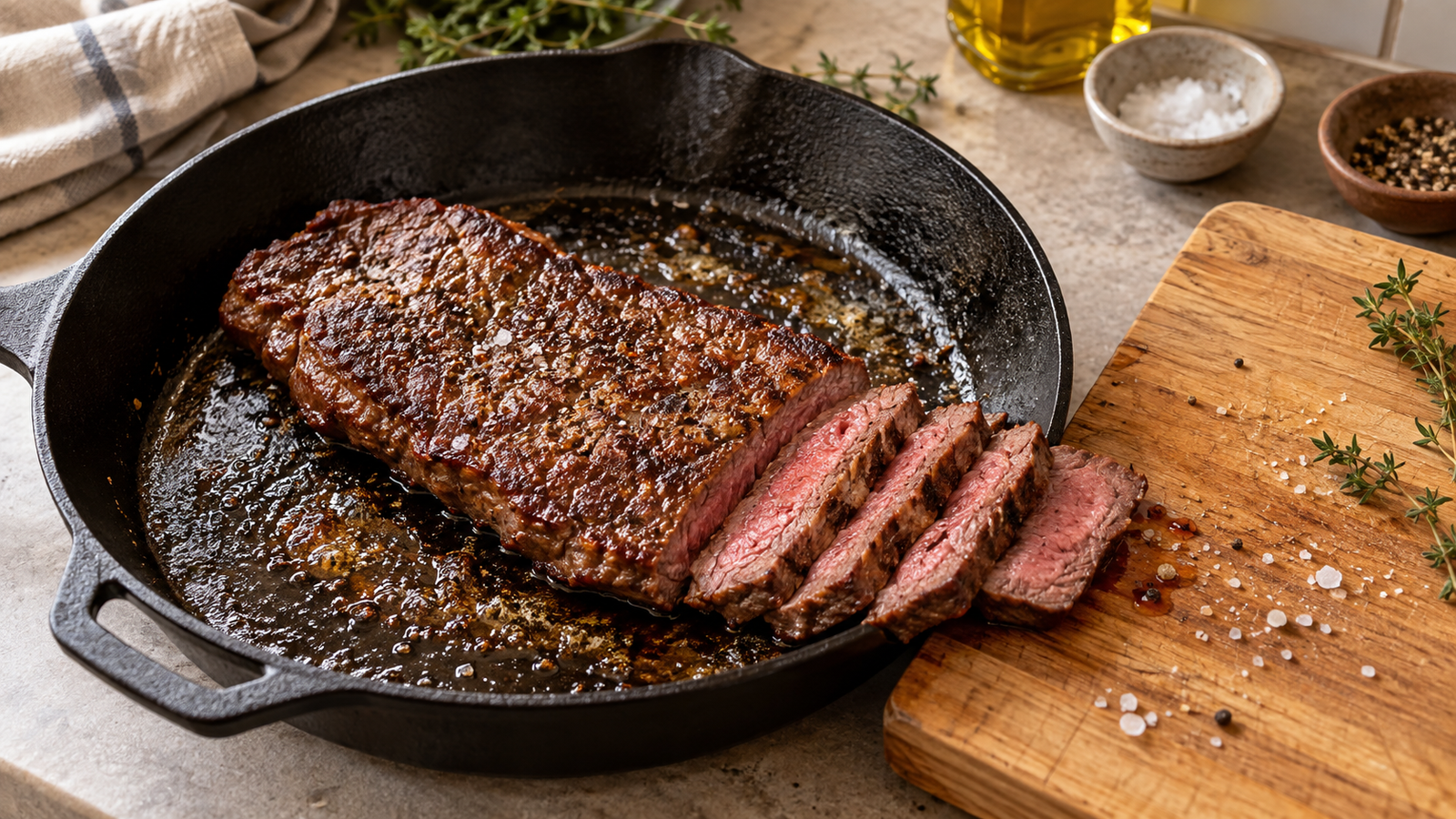Rosé flat iron steak in plakken in een gietijzeren pan