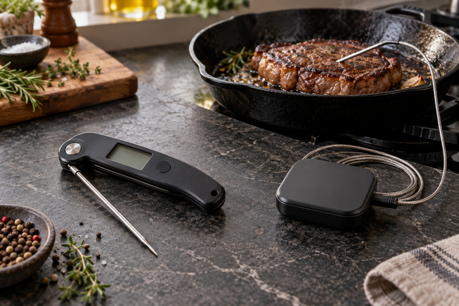 Instant-read vleesthermometer en thermometer met draad naast een pan met biefstuk